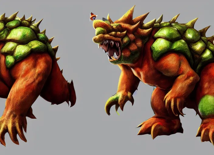 Image similar to detailed concept art of a huge giant bowser by cheng yi and luolin, aartstation, artstationhd, detailed scales, spiky and red hair tuft green scales. bowser, bowser nintendo, koopa, ~ bowser # bowser ( ( mario ) ) bcy. net, realistic. cheng yi, fire breathing. bowser