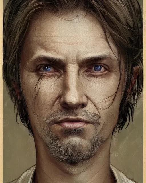 Image similar to portrait of 4 0 - year - old man, with a pale face with premature lines, and light brown hair going grey, wearing in shirt, hyper realistic face, beautiful eyes, fantasy art, in the style of greg rutkowski, intricate, alphonse mucha, hyper detailed, smooth