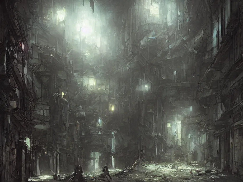 Image similar to a nightscene with a dark alley with large abandoned buildings with graffiti on the walls at the end an illuminated door, by greg rutkowski, futuristic