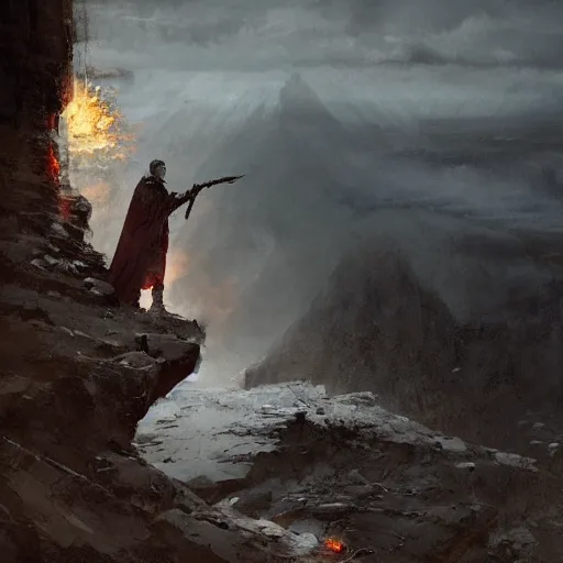 Prompt: stannis baratheon with a flaming sword in his hand standing on the edge of a cliff, artstation, jakub rozalski, mysterious, high detail