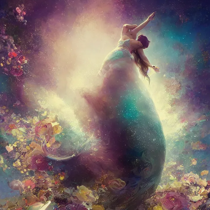 Image similar to glimmering whale, flowing dress, flowers, cosmos, milky way galaxy, swirling, dancing, golden hour, god rays, coral reef, dreamscape by artgerm and ruan jia and ismail inceoglu and greg olsen, masterpiece, beautiful, intricate, elegant, highly detailed