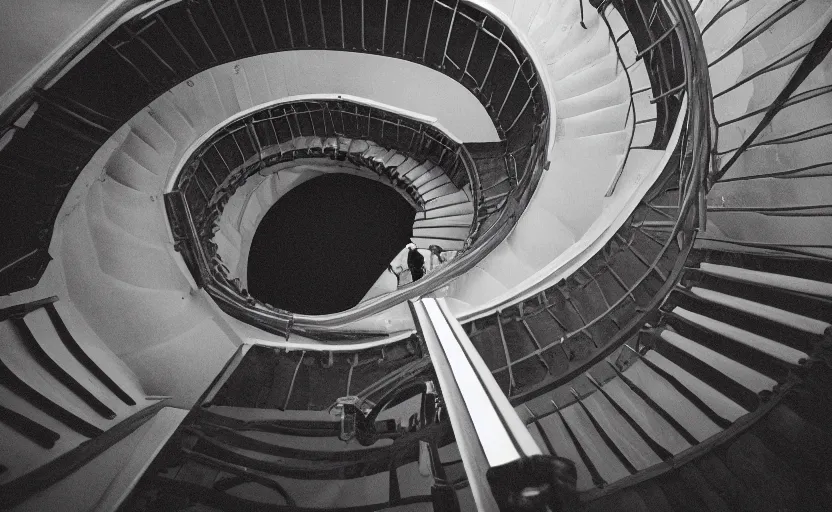 Prompt: zoomed out photo of frank ocean walking up a spiral staircase in the centre of the room, greyscale,