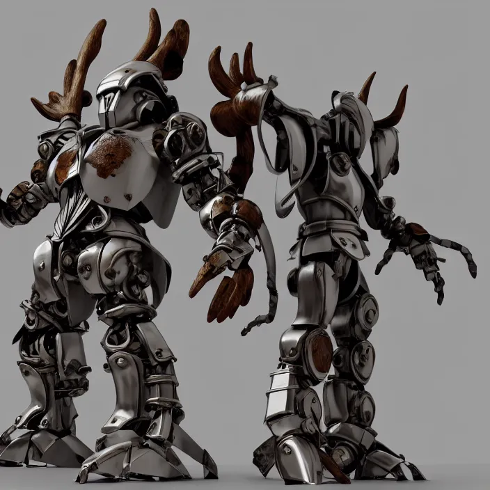 Image similar to warforged druid male anime character, wolf armor, wolf pack, a pack of wolves, wooden antlers, made of wood, made of metal, large robot, wolves, knight, medieval castle, wolf pack following, 3 d render beeple, realistic detailed octane render, pop up parade figure