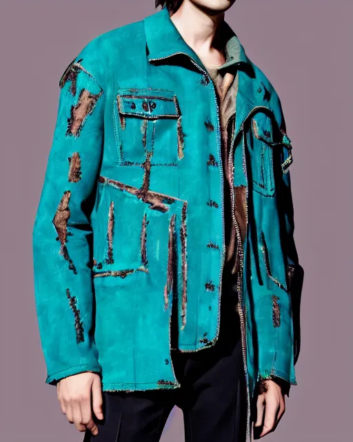 Image similar to fashion tech pack vvector of a male model wearing a baggy teal distressed medieval menswear moto jacket by issey miyake, 4 k, studio lighting, wide angle lens