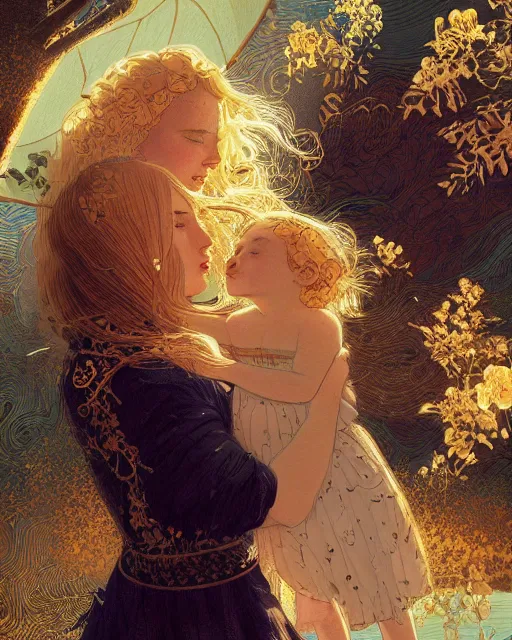 Prompt: a beautiful maiden caressing a baby girl with golden hair, close up, digital art, illustrated by james gurney and victo ngai