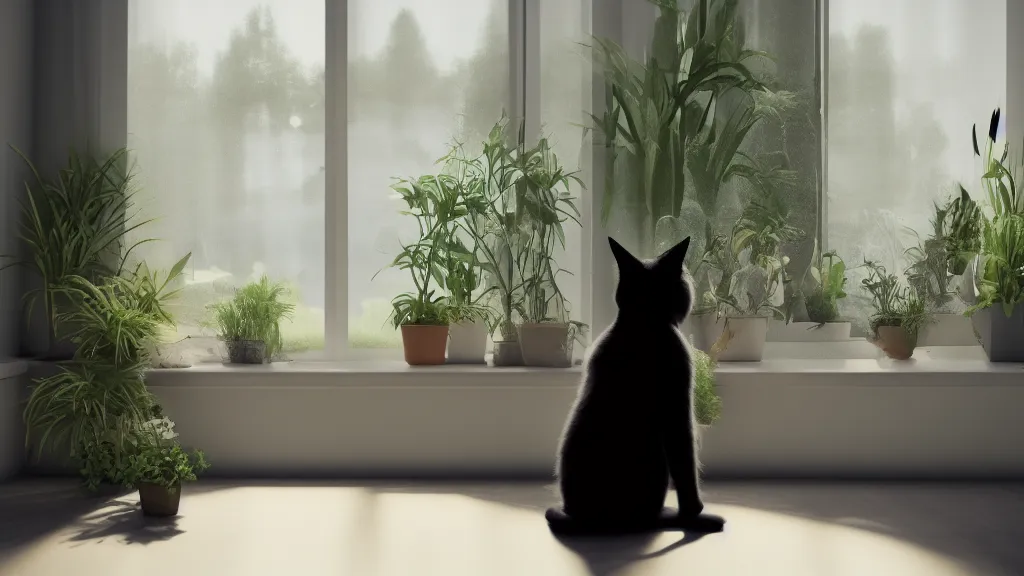 Prompt: peaceful dreamy matte painting of a content black cat sitting by a window and looking outside, sunshine coming through the window, small plants on the window sill, 8k, hyper realism, trending on artstation, octane render