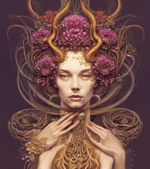 Image similar to a beautiful detailed front view portrait of a woman with ornate growing around, ornamentation, flowers, elegant, beautifully soft lit, golden ratio, full frame, by wayne barlowe, peter mohrbacher, kelly mckernan,