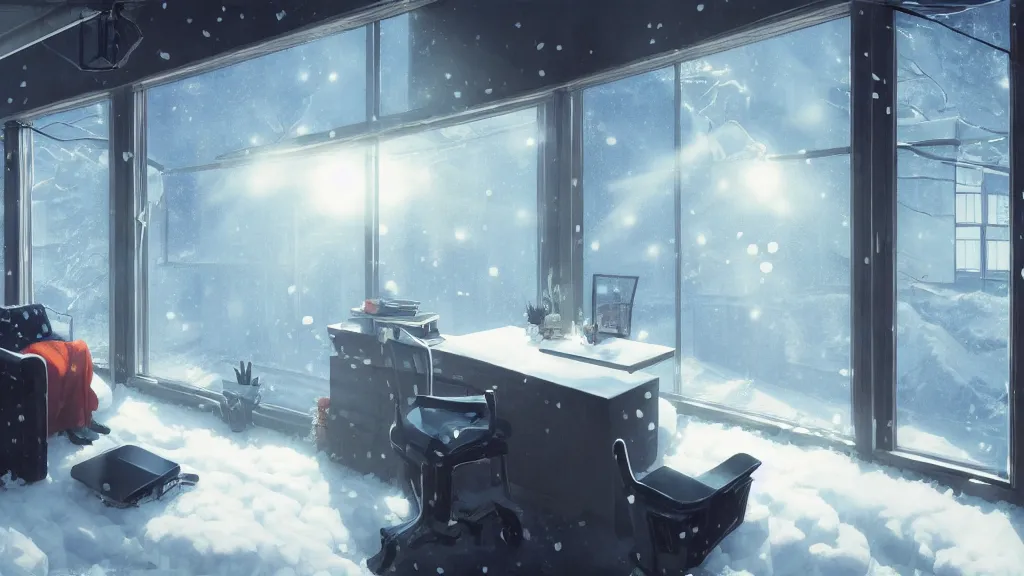 Prompt: interior of a vacant frozen home office, snow drifts everywhere and icicles hanging from the ceiling, dynamic shadows, dynamic lighting, dynamic colors, ilya kuvshinov, kyoani, hiroaki samura, yoshinari yoh, james jean, katsuhiro otomo, erik jones, cel shaded, anime poster