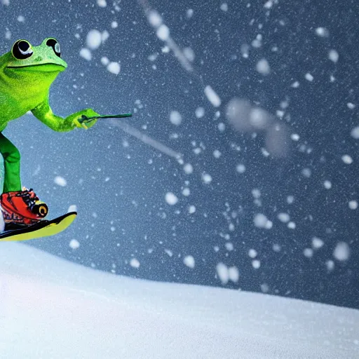 Image similar to 3 d octane render of a man dressed like a frog skiing down a snowy mountain