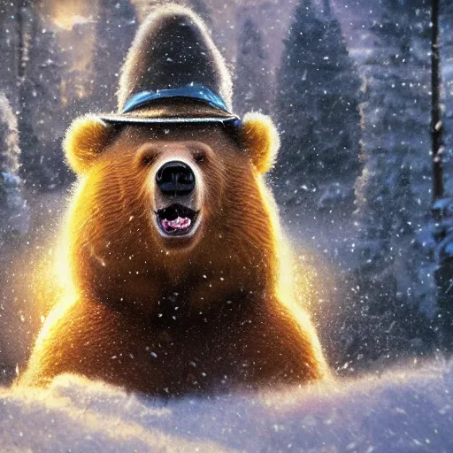 Prompt: smiling brown bear playing yellow Flying-V in hat in winter at streets of Moscow, sharp focus, fantasy style, octane render, volumetric lighting, 8k high definition, by greg rutkowski, highly detailed, trending on art Station