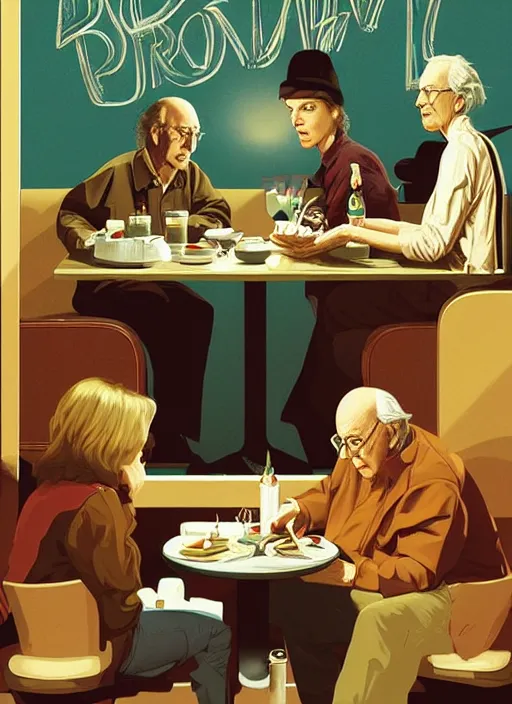 Image similar to poster artwork by Michael Whelan and Tomer Hanuka, Karol Bak of Larry David sitting along in the diner, from scene from Twin Peaks, clean, simple illustration, nostalgic, domestic, full of details