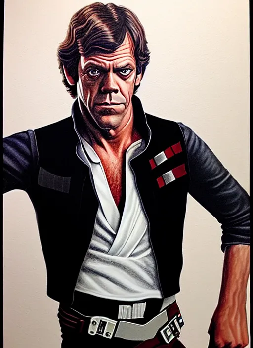 Image similar to upper body portrait of hugh laurie as han solo in star wars from 1 9 7 7, wearing han solo's clothes, wearing a black vest and a white shirt, hyperrealistic, very detailed painting by glenn fabry, by joao ruas, by artgerm