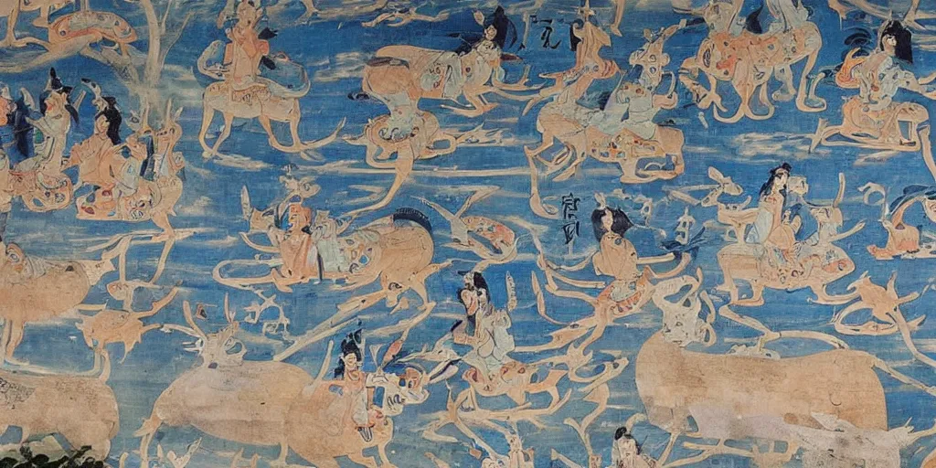 Image similar to beautiful dunhuang murals, blue, white deer