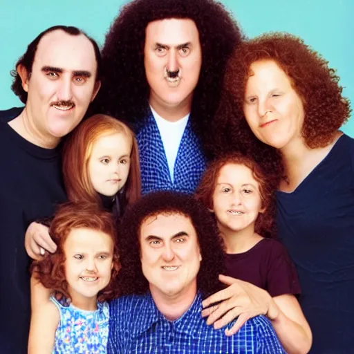 Prompt: a family of mom, dad, 3 kids and they all have the face of weird al yankovic