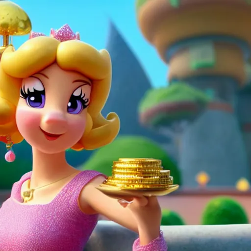 Image similar to A Still of Princess Peach in an animated Disney Pixar movie holding a gold coin in the mushroom kingdom, dynamic pose, promotional render, 35mm f1.8, bokeh, 4k, artstation, PBR materials, Pixar renderman render