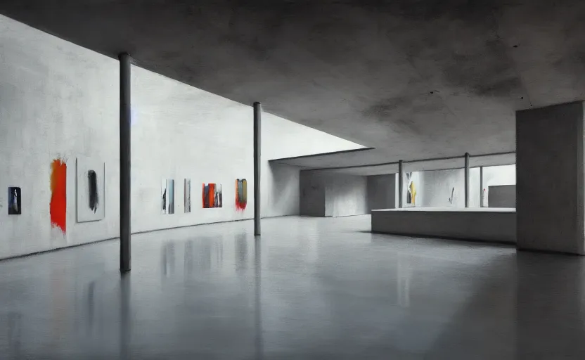 Image similar to painting of interior shot of a white concerete brutalist contemporary art museum with abstract colourful paintings hanging on the wall by darek zabrocki and greg ruthkowski, cinematic and cold atmospheric, archillect concept art, artstation, trending on artstation