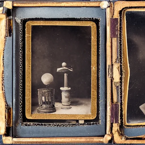 Image similar to Tintype photograph of a magical objects displayed in an ethnographic museum, archive material, anthropology, 1920s studio lighting.