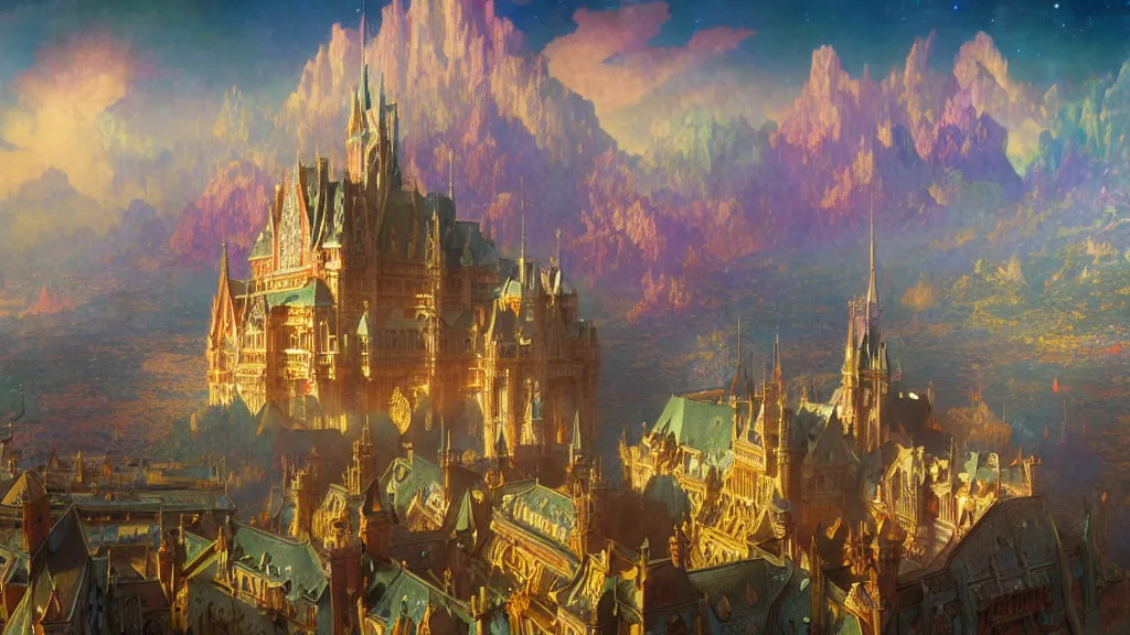 Image similar to a beautiful highly detailed matte painting of colorful castle nebulas by moebius, alphonse mucha, subject in view, highly detailed, intricate design, 8 k resolution, octane render, trending on artstation and cgsociety