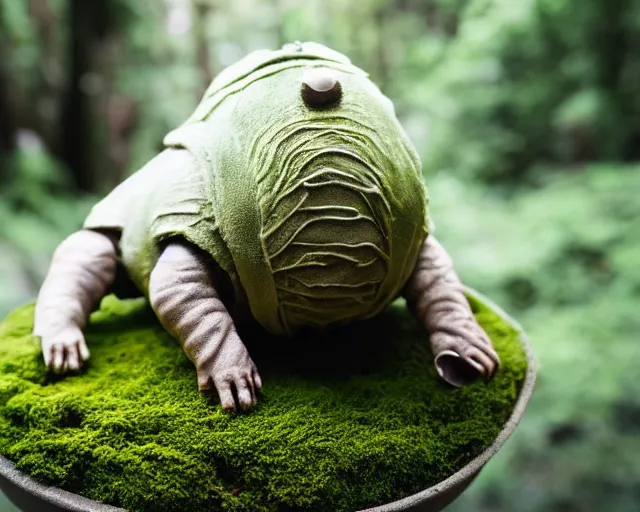 Image similar to big pet tardigrade eating from a food bowl full of moss, cute pet photos, home photography, award - winning pet