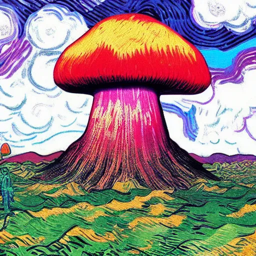 Prompt: a rainbow nuclear mushroom cloud in wastelands, detailed, trending on artstation, by vincent van gogh and dan mumford