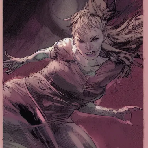 Prompt: a beautiful comic artwork by Jerome Opeña of a woman driving at night, featured on artstation