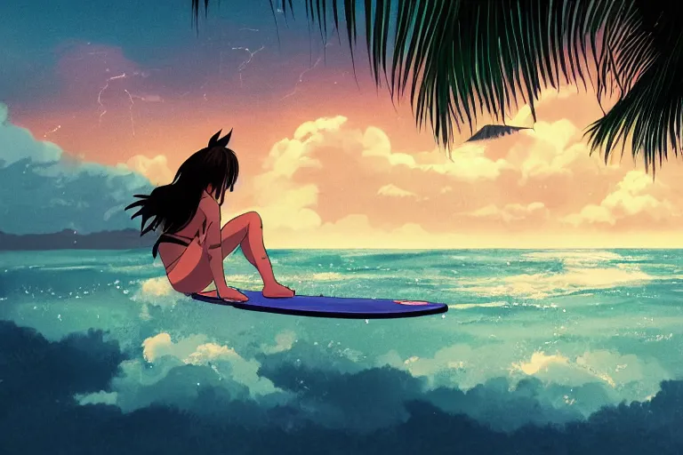 Image similar to anime woman sitting on surf board, tropical island, night time, storm in distance, wide angle, by studio ghibli, yuumei, anime, hazy, foggy, ambient lighting, cottagecore,