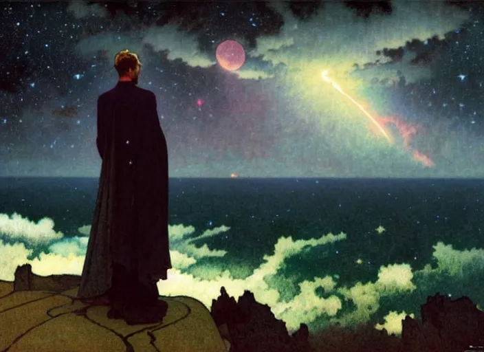 Prompt: dark silhuette of a man standing on a gray dull cliff looking out into a colorful cosmos, clouds, stars, rings, beautiful lighting, vivid colors, intricate, elegant, art by john collier and albert aublet and krenz cushart and artem demura and alphonse mucha