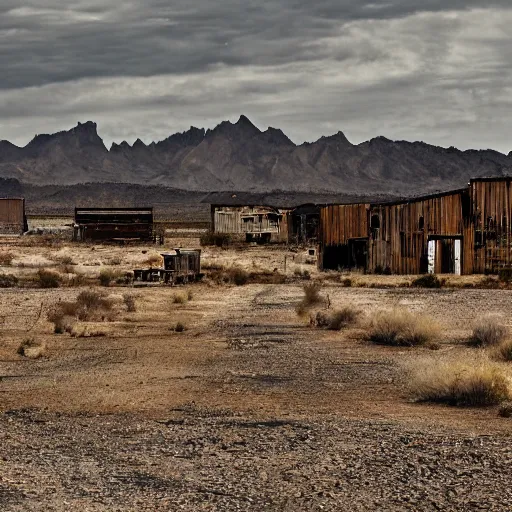 Prompt: dystopian rustic western ghost town, deserted dirt streets, tumbleweeds, weathered wood buildings, mountain range in background, painting