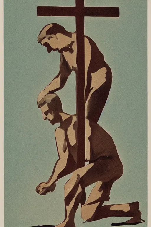 Image similar to man kneeling at the base of a wooden cross, 1960’s advertising art illustration