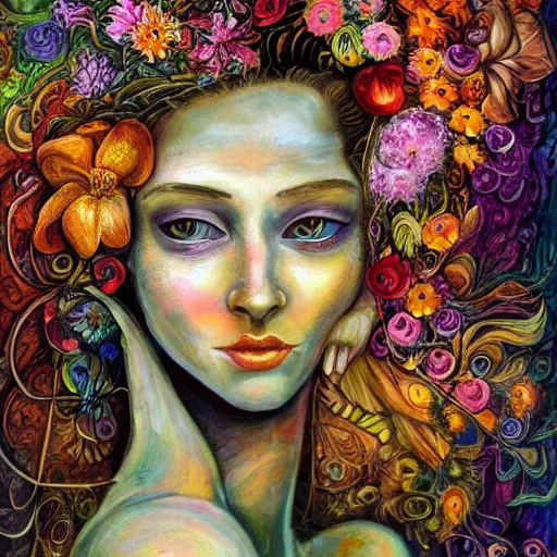 Image similar to a painting of a woman's face surrounded by flowers, a surrealist painting by josephine wall and ( ( ( alice mason ) ) ), deviantart, psychedelic art, psychedelic, biomorphic, detailed painting