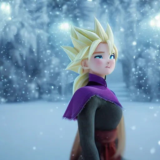 Image similar to portrait focus of super saiyan beautiful 3 d anime girl posing, frozen ice dark forest background, snowing, bokeh, inspired by masami kurumada, octane render, volumetric lighting