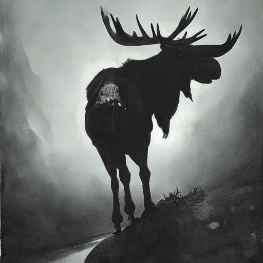 Prompt: portrait of a scary clown riding a moose, by peder balke by peder balke by greg rutkowski, by guido crepax by norman bluhm mystic high contrast monochromatic noir