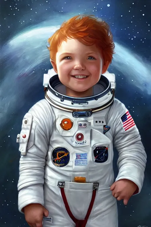 Image similar to a little boy with a cherubic michievous face and ginger hair. he is an astronaut, wearing a space suit. clean elegant painting, beautiful detailed face. by raymond swanland and artgerm and greg rutkowski