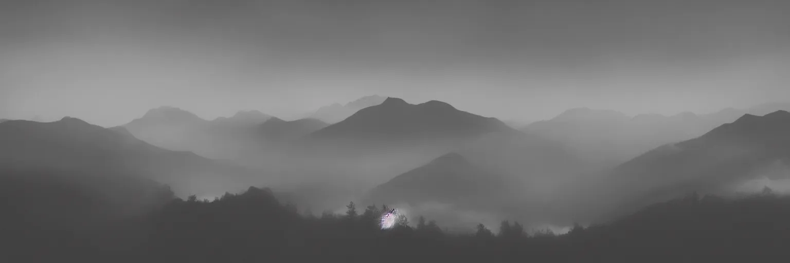 Prompt: monochrome photo of ambient and misty mountains