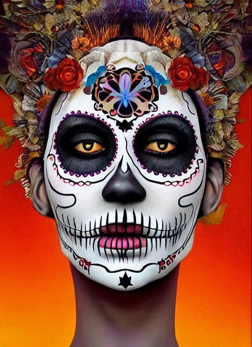 Image similar to dia de los muertos theme surrealist!!! art in the styles of igor morski, jim warren, and aida muluneh, intricate, hyperrealistic, accurate facial details, profile picture with chromakey!!!!! background, volumetric lighting