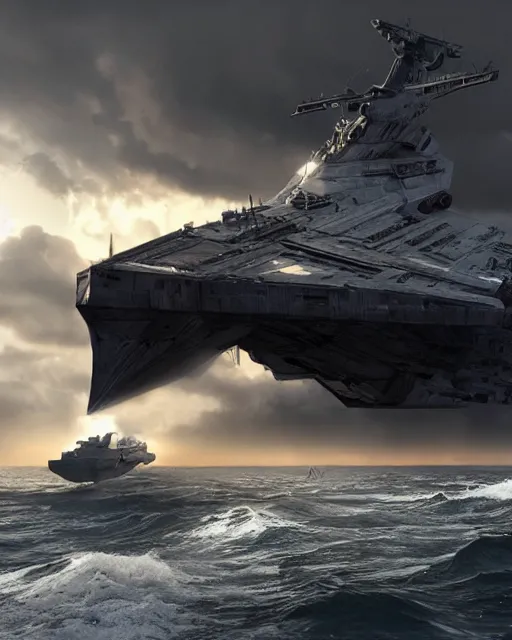 Image similar to scifi action scene of a fishing boat on stormy seas, a gigantic star destroyer spaceship flying overhead, the gigantic star destroyer spaceship is emerging from storm clouds, sunset lighting, stormy weather, dramatic lighting, unreal engine, hyper realism, realistic shading, cinematic composition, realistic render, octane render, detailed textures, photorealistic, ultrawide shot, 1 6 mm lens