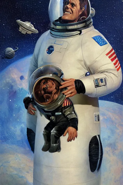 Image similar to portrait of a fat willem dafoe wearing leather spacesuit, nebula space background and spaceship, illustration by normal rockwell, jacob collins, artstation character art, john berkey, greg rutkowski