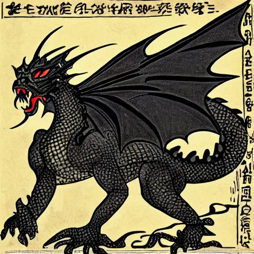 Prompt: “ a large black-scaled dragon flying and breathing fire downward”