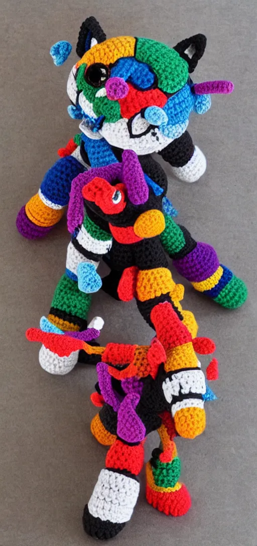 Prompt: multicolored crocheted cyborg cats