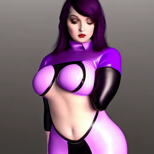 Image similar to curvy feminine hot goth cutie in a sublime elegant polished black latex neck-high outfit with purple trim, thin waist, cgsociety, photorealistic, comfy ambience, idealistic, 16k, smooth, sharp focus, trending on ArtStation, volumetric lighting, fully clothed, worksafe