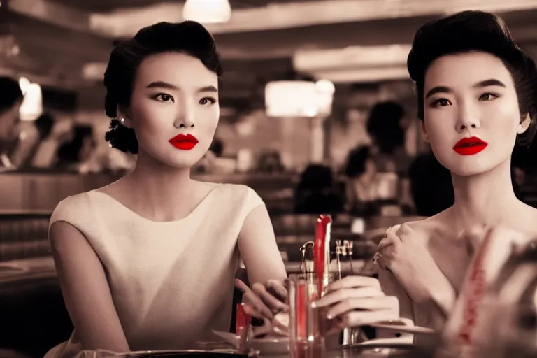 Prompt: movie interior closeup beautiful Chinese fashion model couple teams closeup joking at 50s diner, night in the city, beautiful skin, by Emmanuel Lubezki