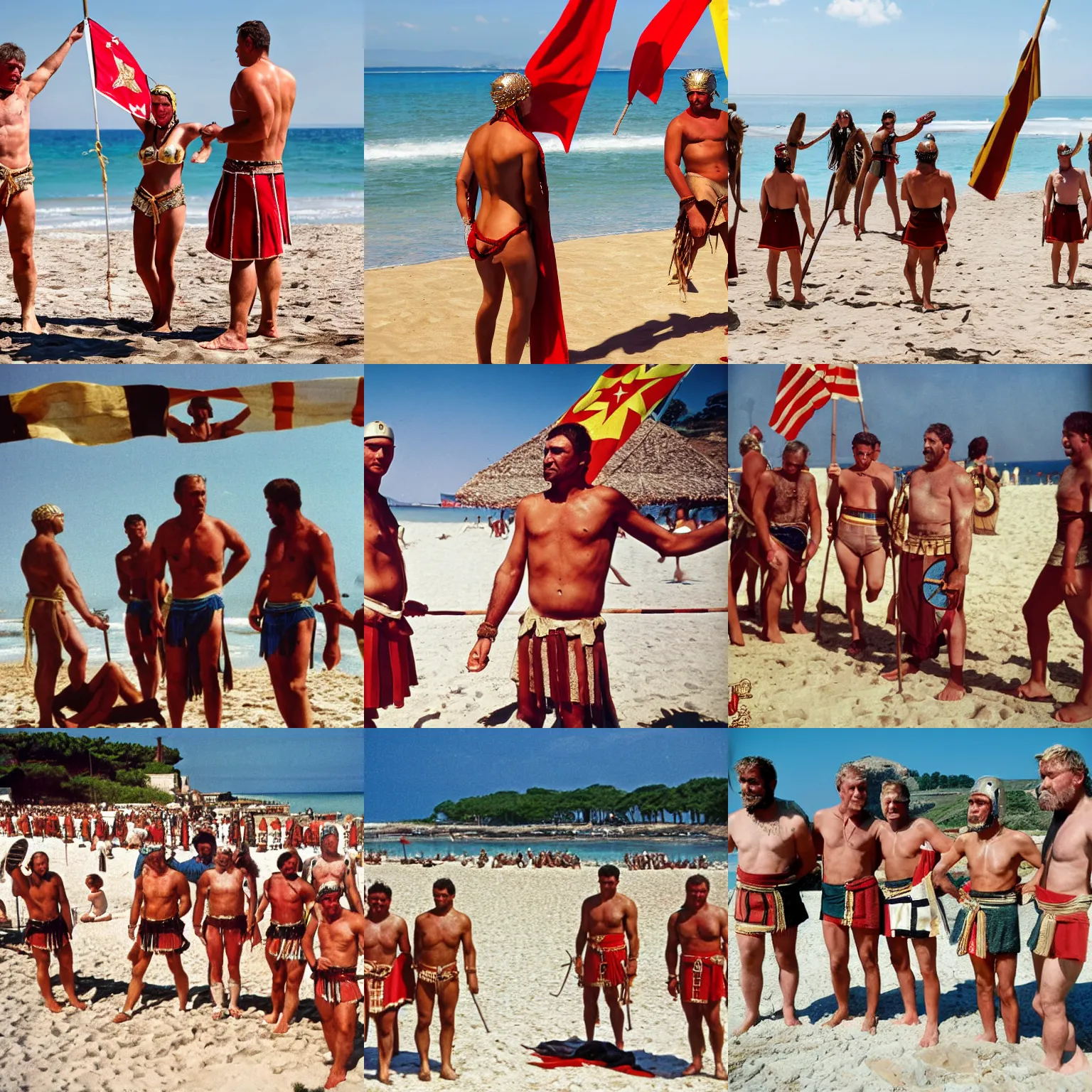 Prompt: roman gladiators on the beach with swimming costumes historycal photo documentary SPQR flags