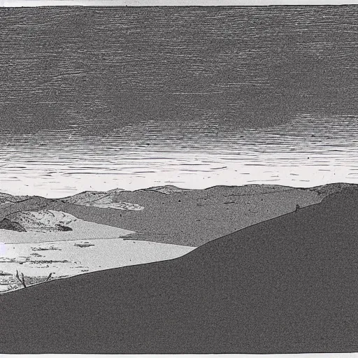 Image similar to sunset in a desert landscape, drawing by moebius