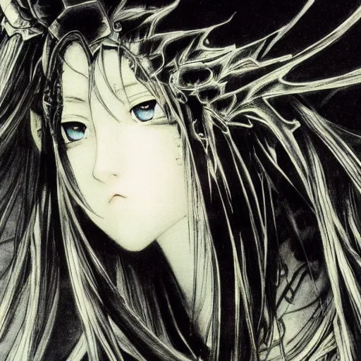 Image similar to Yoshitaka Amano realistic illustration of an anime girl with black eyes, wavy white hair fluttering in the wind and cracks on her face wearing Elden ring armour with engraving, abstract black and white patterns on the background, noisy film grain effect, highly detailed, Renaissance oil painting, weird portrait angle, blurred lost edges, three quarter view