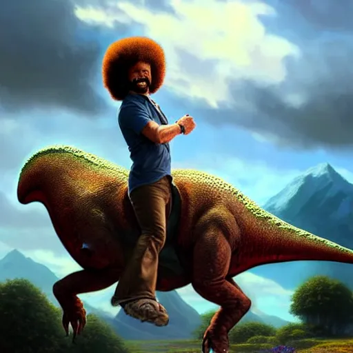 Image similar to bob ross!!! riding!!! a dinosaur!!, giant afro!, model pose, ultra realistic, concept art, intricate details, highly detailed, photorealistic, octane render, 8 k, unreal engine. art by artgerm and greg rutkowski and alphonse mucha