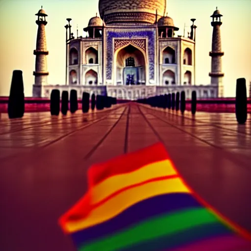 Image similar to photo of gay pride at ( ( ( ( taj mahal ) ) ) ), cinematic color grading, soft light, faded colors, well framed, sharp focus, 8 k