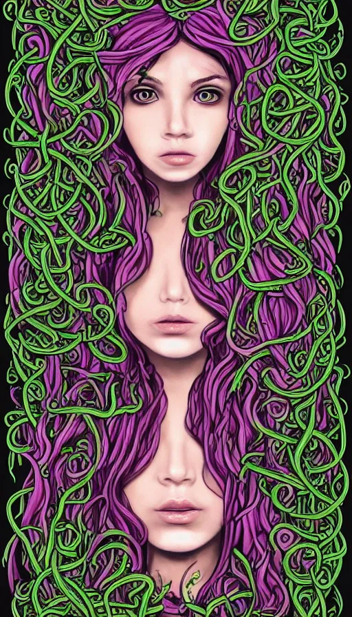 Image similar to very detailed portrait of a 2 0 years old girl surrounded by tentacles, the youg woman visage is blooming from fractal and vines, by jhonen vasquez