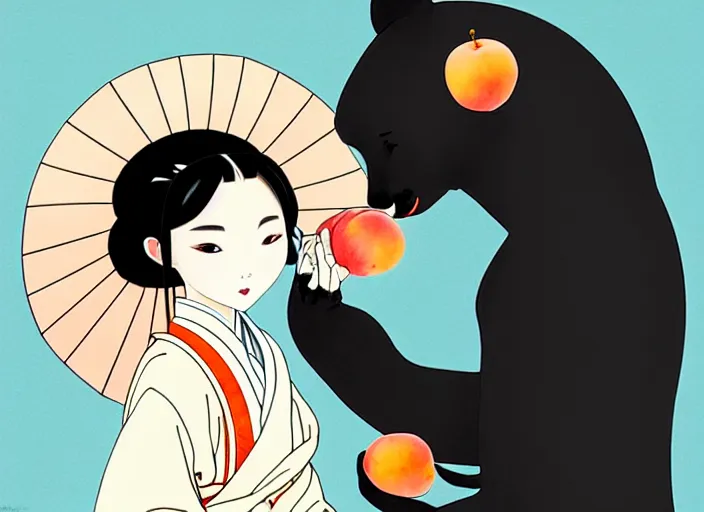 Prompt: ink painting of a girl wearing a kimono giving a peach to a large anthropomorphic asian black bear, featured in artstation, artgerm, octane render, award winning, cinematic, elegant, intricate, 8 k, close up, in the style of studio ghibli and heikala and alphonse mucha,