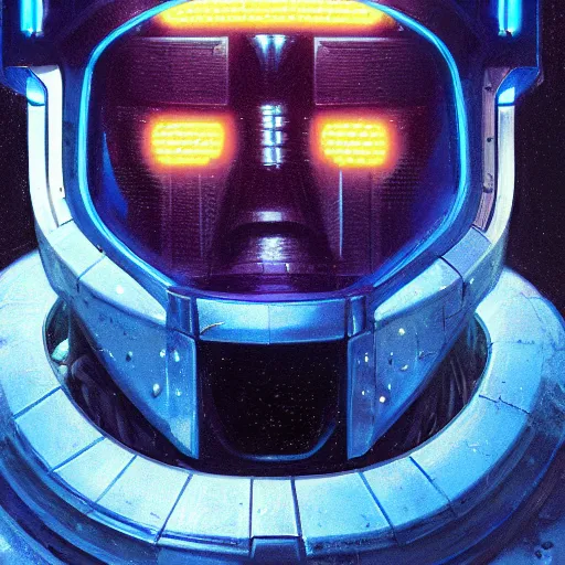 Image similar to robot with glowing blue monovisor as a realistic scifi cyberpunk knight, closeup portrait art by donato giancola and greg rutkowski, realistic face, digital art, trending on artstation, symmetry!!!