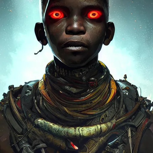 Image similar to a dark and ominous cyborg african child soldier with glowing eyes, Apex Legends character digital illustration portrait design, by android jones and greg rutkowski in a cyberpunk voodoo style, detailed, cinematic lighting, wide angle action dynamic portrait